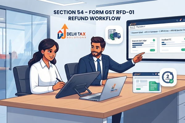 Indian corporate cartoon illustration of a tax consultant explaining Section 54 GST refund filing and Form RFD-01 stages.