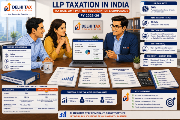 Chartered Accountant explaining LLP taxation, 30% tax rate, 18.5% AMT and partner profit distribution rules in India