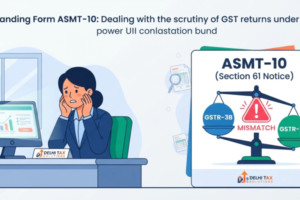 2D flat illustration of a tax professional reviewing an ASMT-10 GST notice under Section 61 for scrutiny of returns and data mismatch.