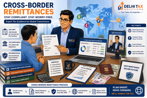Cartoon illustration of a professional managing international tax remittances and compliance documents.