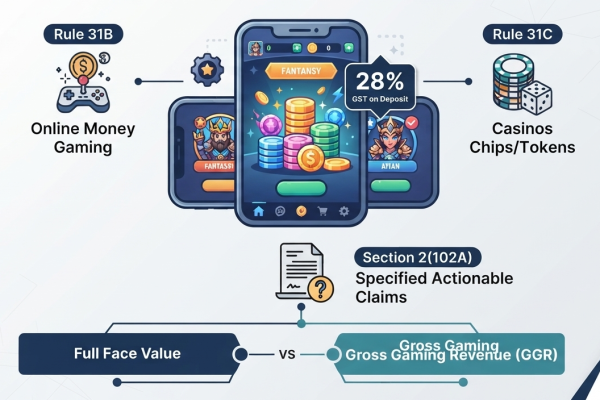 2D flat vector illustration explaining 28% GST on full face value deposits for online gaming platforms and casinos under CGST Act.