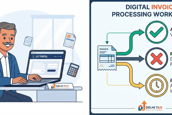 2D flat vector infographic explaining the Invoice Management System (IMS) GST workflow and ITC claiming actions.