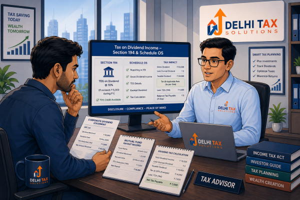 Cartoon illustration of an Indian investor consulting a Delhi Tax Solutions advisor about dividend income tax, Section 194 TDS, and Schedule OS reporting.