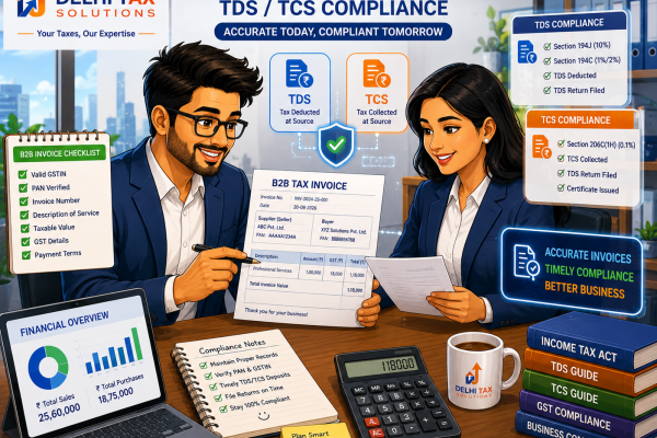 Cartoon illustration of Indian business professionals analyzing Section 194Q and Section 206C(1H) corporate tax compliance.
