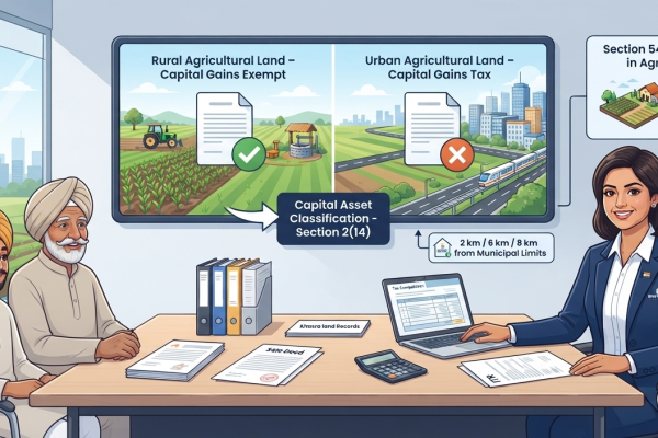 CA explaining capital gains tax on sale of rural and urban agricultural land in India, including Section 54B exemption