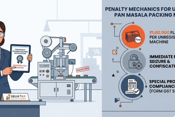 2D flat vector graphic explaining machine registration penalty under Section 122A of CGST Act for pan masala and tobacco manufacturing.