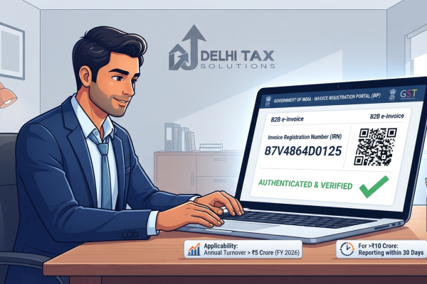 GST e-invoicing applicability 2026 showing ₹5 crore turnover limit, IRN generation, QR code and GST compliance