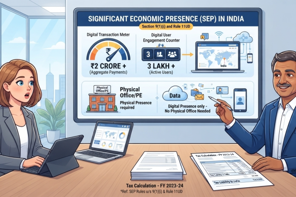 Indian Chartered Accountant explaining Significant Economic Presence tax rules, ₹2 crore transaction threshold, 3 lakh user threshold, and Section 9(1)(i) to a foreign digital business