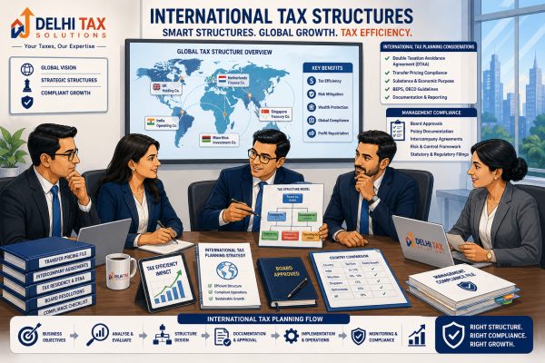 Cartoon illustration of corporate executives reviewing POEM rules and international tax structures.
