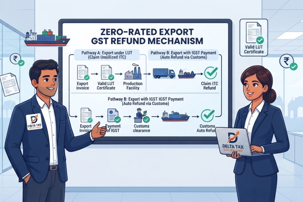 Corporate cartoon illustration explaining zero-rated GST refund on exports under LUT and IGST payment options.