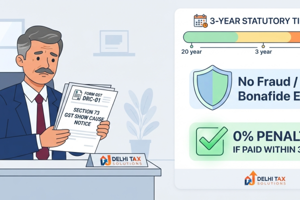 2D flat vector illustration of a taxpayer reading a Section 73 GST notice alongside an infographic on non-fraud tax demand time limits.