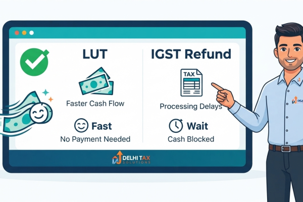 2D cartoon infographic of a tax consultant explaining supply to SEZ under GST rules