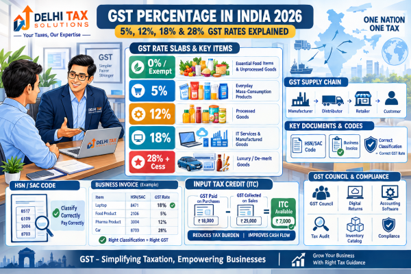 Indian Chartered Accountant explaining GST percentage slabs of 5%, 12%, 18% and 28%, HSN classification, exemptions, and Input Tax Credit