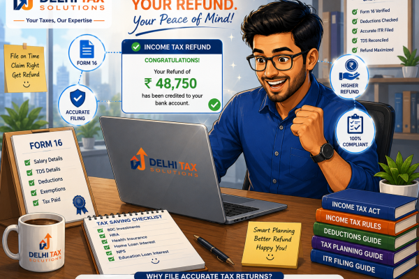 Cartoon illustration of an Indian salaried employee claiming an excess TDS refund on a laptop.