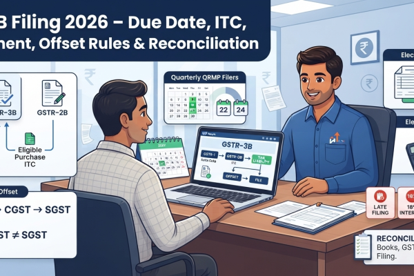 Indian Chartered Accountant explaining GSTR-3B filing, due dates, GSTR-1 sales data, GSTR-2B ITC, GST tax payment, offset rules and reconciliation