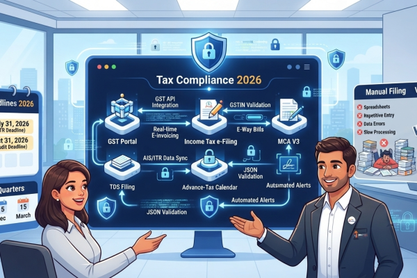 Indian Chartered Accountant explaining tax compliance timelines and API integration for 2026 to a business owner
