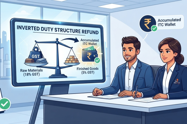 Corporate cartoon illustration of inverted duty structure refund process in GST comparing 18% input tax vs 5% output tax.