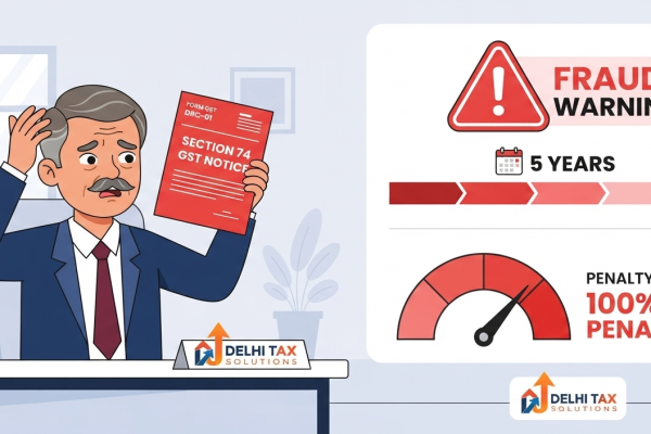 2D flat vector illustration of a taxpayer holding a Section 74 GST notice next to an infographic showing fraud warnings and 100 percent penalty limits.