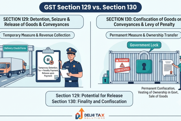 A 2D vector infographic comparing GST Section 129 temporary vehicle detention and Section 130 permanent goods confiscation during highway transit inspections.