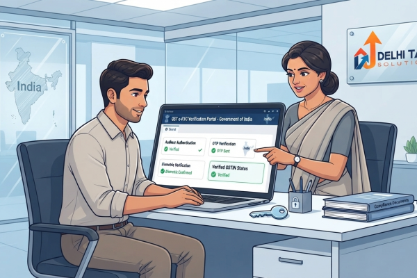 GST e-KYC compliance showing Aadhaar authentication and GSTIN verification for Indian businesses