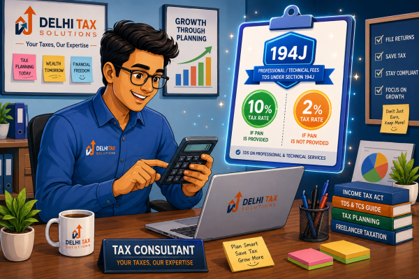 Cartoon illustration of a tax consultant reviewing Section 194J TDS professional fees and rates on a laptop.