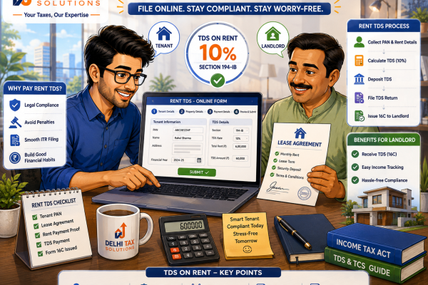 Cartoon illustration of an Indian tenant filing Section 194-IB TDS on rent using Form 26QC.