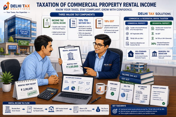 Professional illustration explaining tax on commercial property rental, including income tax, 10% TDS under Section 194-I, 18% GST, and the 30% standard deduction.