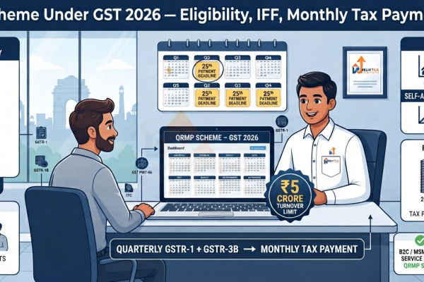 Indian Chartered Accountant explaining the GST QRMP scheme 2026, â‚¹5 crore turnover limit, quarterly GSTR-1 and GSTR-3B filing, monthly PMT-06 tax payment, IFF and 35% fixed sum method