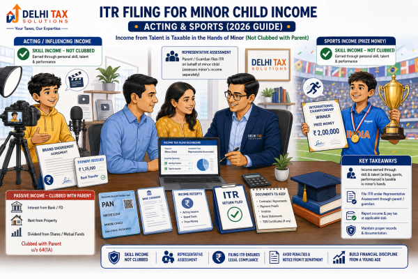 Delhi Tax Solutions illustration explaining ITR filing and taxation of minor child income from acting, sports, and personal skills in 2026