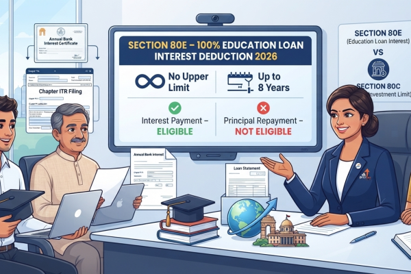 Illustration explaining Section 80E education loan interest deduction, including 100% interest deduction, 8-year limit, eligible borrowers, and principal repayment exclusion.