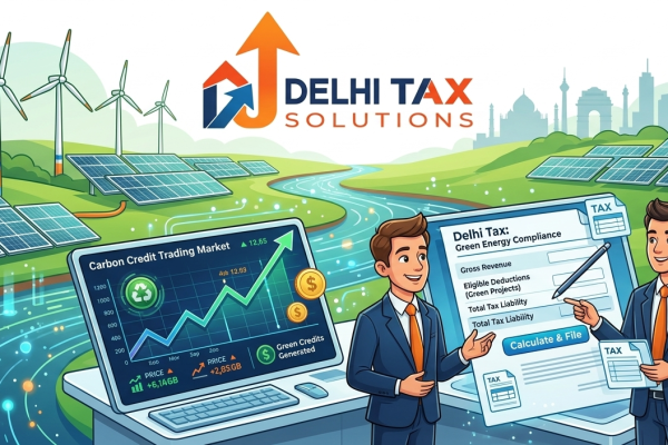Cartoon illustration of green energy assets and carbon credit tax compliance documents.