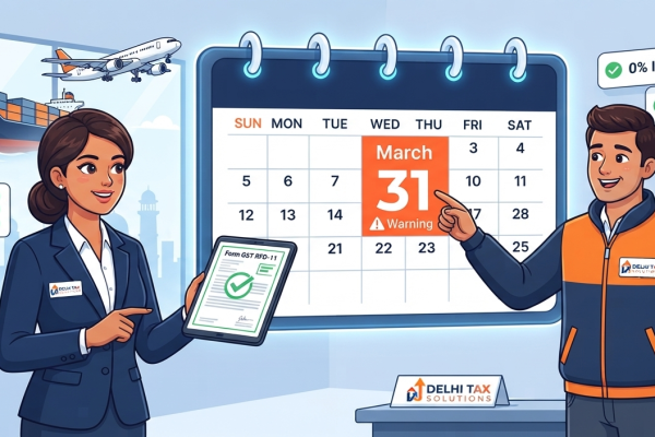 Corporate cartoon illustration of tax consultant filing RFD-11 for LUT in GST before the March 31 renewal deadline.