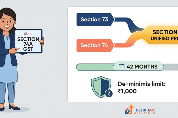 2D flat vector illustration of a tax professional and an infographic demonstrating the merging of GST sections into the new Section 74A.