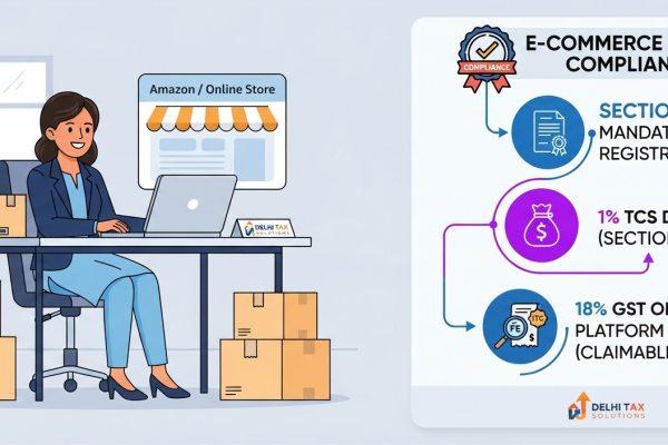 2D flat vector illustration detailing GST compliance for Amazon and e-commerce sellers, including TCS under Section 52 and Section 24 mandates.