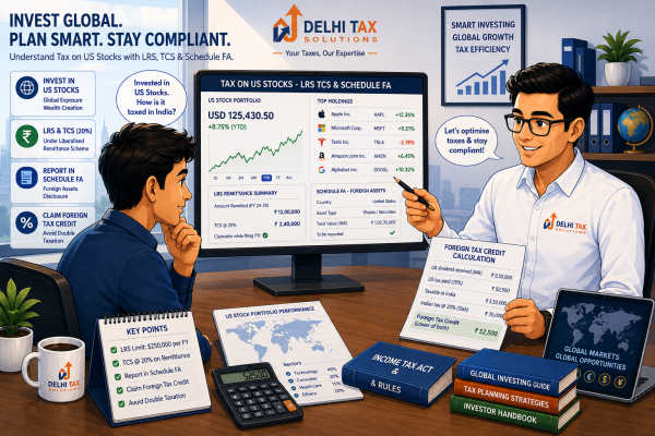 Cartoon illustration of an Indian investor consulting a Delhi Tax Solutions advisor about US stock taxation, LRS TCS, and Schedule FA reporting.