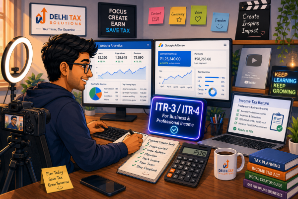 Cartoon illustration of an Indian blogger reviewing digital ad revenues and tax filing forms on a computer.