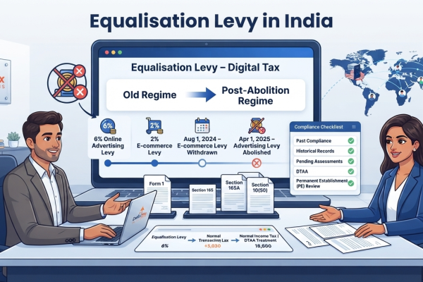 Indian Chartered Accountant explaining Equalisation Levy abolition, digital tax transition, Form 1 and foreign company tax compliance in India