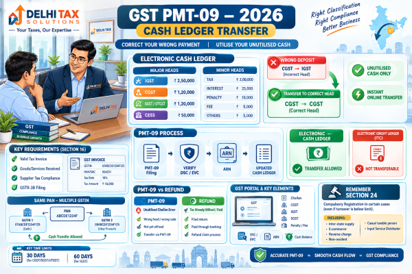 Indian Chartered Accountant explaining GST PMT-09, Electronic Cash Ledger transfer, CGST to IGST correction, major and minor tax heads, same-PAN GSTIN transfer and ITC restrictions
