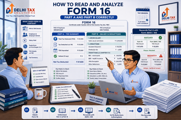 Indian taxpayer reviewing Form 16 Part A and Part B with a Chartered Accountant, including TDS, salary, deductions, Form 26AS and AIS reconciliation