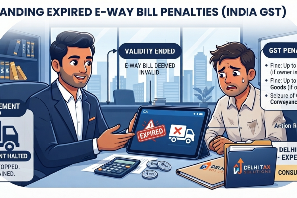 Illustration of a tax consultant helping unblock E-Way Bill generation on the GST portal.