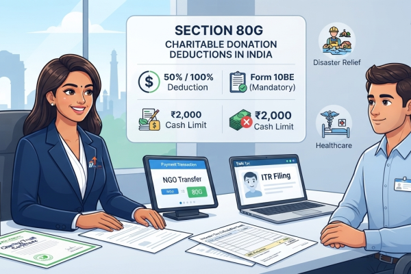 Indian taxpayer discussing Section 80G charitable donation tax deductions, Form 10BE, 50% or 100% deduction limits, and ₹2,000 cash donation rule with a Chartered Accountant.