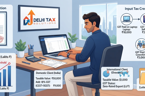 GST for freelancers in India showing ₹20 lakh threshold, 18% GST, LUT for exports and input tax credit