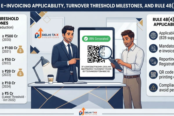 Vector graphic showing GST e-invoicing threshold limit journey and digital QR code validation.