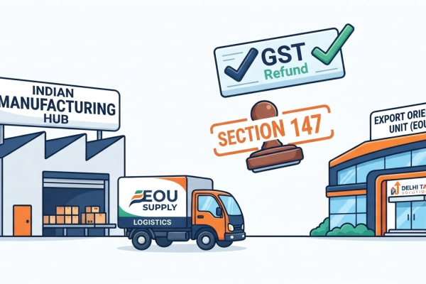 Vector illustration explaining deemed exports and GST refunds under section 147.