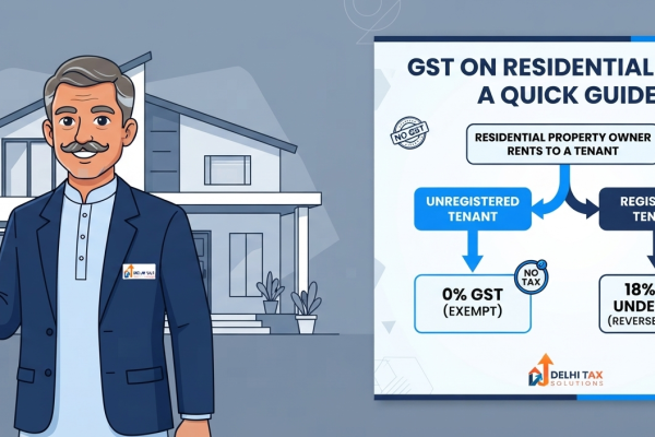 2D flat vector graphic explaining GST applicability on residential house rent, highlighting exemption for unregistered individuals and RCM for registered business tenants.