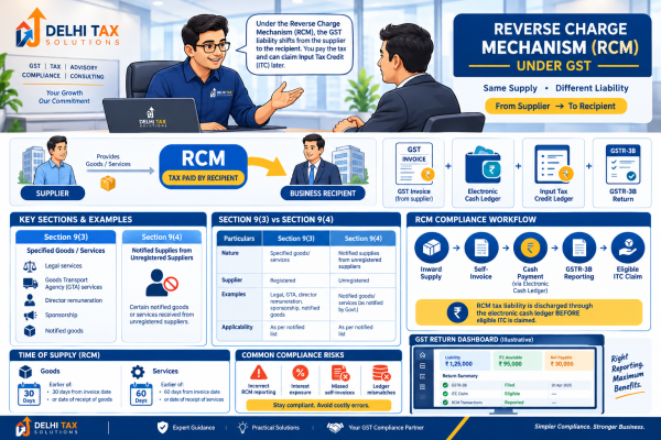 Indian Chartered Accountant explaining Reverse Charge Mechanism under GST, Section 9(3) and 9(4), self-invoicing, cash payment, and Input Tax Credit