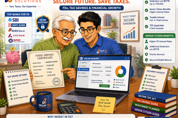 Cartoon illustration of Indian taxpayers filling out Form 15G and Form 15H to avoid TDS on fixed deposit interest.