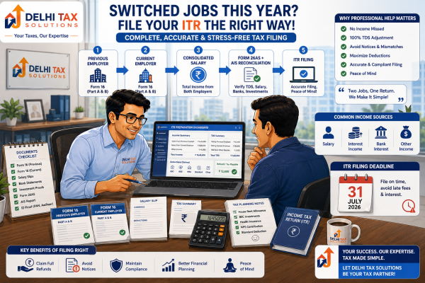 Professional Indian salaried employee filing ITR after switching jobs with multiple Form 16 certificates, TDS records, Form 26AS, AIS, and CA guidance.