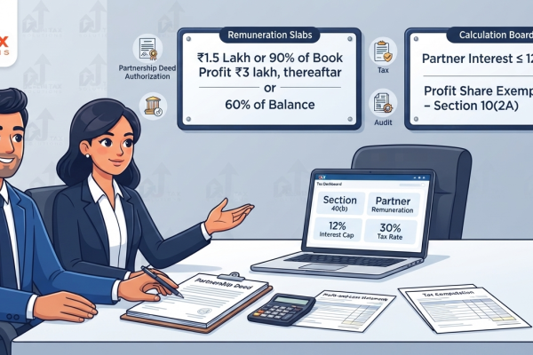Indian CA explaining partnership firm taxation, Section 40(b) partner remuneration limits, 12% interest cap, and 30% tax rate