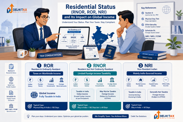 Delhi Tax Solutions illustration explaining ROR, RNOR and NRI residential status and their impact on global income taxation in India.